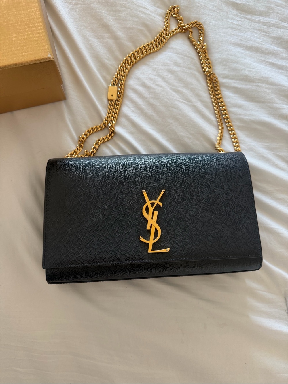 Saint Laurent Black Leather Shoulder Bag with Gold YSL Emblem and Chain Strap